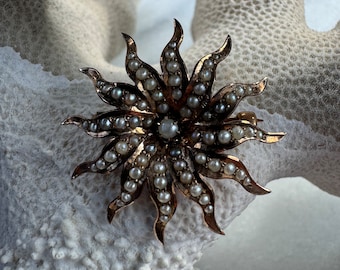 Antique 9K Seed Pearl Starburst Brooch