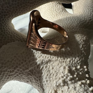Könnte beinhalten: Ein goldener Siegelring mit einem schwarzen Stein und aufwendigen Gravuren. Der Ring liegt auf einer weißen korallenartigen Oberfläche.