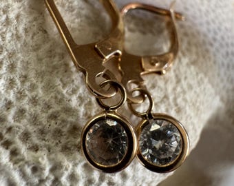 Vintage 10K Gold English Lock Bezel Set White Stone Earrings