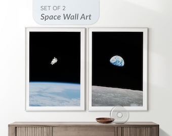 NASA Wall Art Print Set of 2 | Earthrise Apollo Astronaut Space Walk | Deep Space Earth Moon Photography Poster | Digital Galaxy Printable