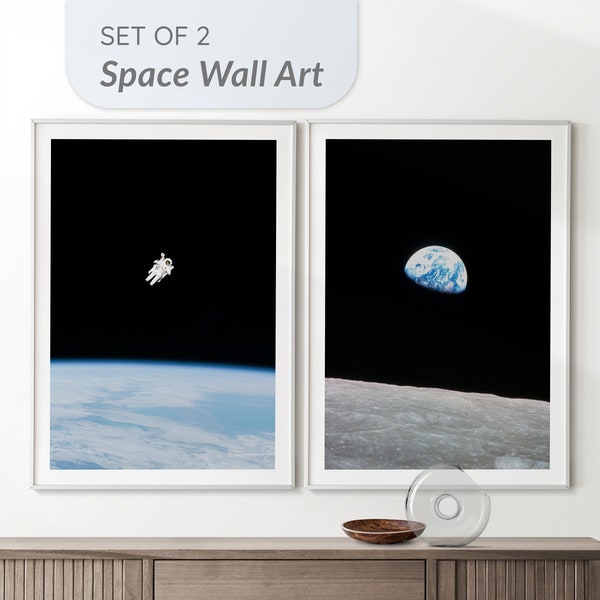 Impression d'art mural de la NASA Lot de 2 | Promenade dans l'espace de l'astronaute Earthrise Apollo | Affiche de photographie de lune de la terre de l'espace profond | Galaxie numérique imprimable