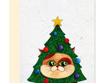 NOEL11 - Tarjeta navideña plantable - Gato-Pino navideño