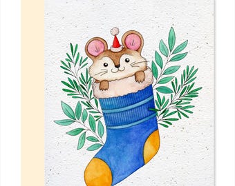 NOEL28 - Tarjeta navideña plantable - Ratón de calcetín