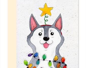NOEL27 - Tarjeta navideña plantable - Husky navideño