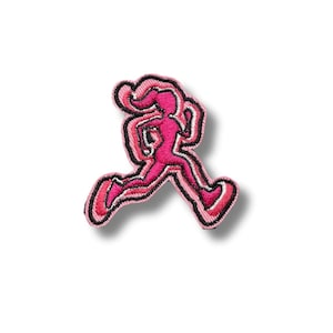 May include: Embroidered patch showing a running figure in pink and black. The design has a layered effect, with a pink outline and black detailing. The patch is suitable for clothing or accessories.