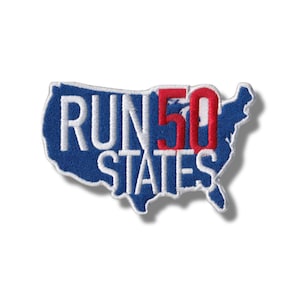 May include: An embroidered patch in the shape of the United States with the text "RUN 50 STATES" in white and red lettering on a blue background.