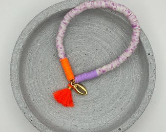 Sommer Armband in Pastell lila, flieder und orange Katsuki Sommerarmband Sea Salt and Shells  Muschel und Bommel LILACORANGE