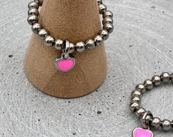 Ring Edelstahl in silberfarben mit Herzanhänger Anhänger in pink - 3 mm Kugeln Elastisch und flexibel - Anti stress - PINKHEART