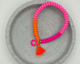 Sommer Armband in neon pink und orange mit Herz Katsuki Sommerarmband Sea Salt and Shells Pink Herz PINKHEARTROUND