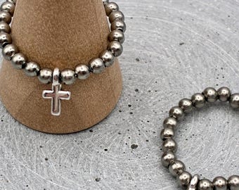 Ring Edelstahl in silberfarben mit Kreuz Anhänger  - 3 mm Kugeln Elastisch und flexibel - Anti stress - CROSSRING