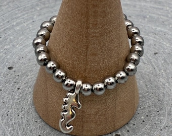 Ring Edelstahl in silberfarben mit Seepferdchen Anhänger  - 3 mm Kugeln Elastisch und flexibel - Anti stress - SEAHORSERING