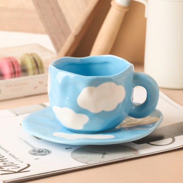 Cloud ceramic mug, unique hand painted mug and saucer, Cute blue sky mug and saucer set, Nordic decor mug, Scandi mug