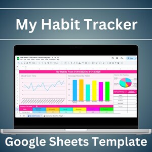 May include: A laptop screen displaying a Google Sheets spreadsheet with a habit tracker template. The spreadsheet includes charts and graphs showing mood over time, average mood by habit, and how the user is feeling. The spreadsheet is titled "My Habit Tracker" and includes the text "Feel Better - Daily Habits Tracker Energized".