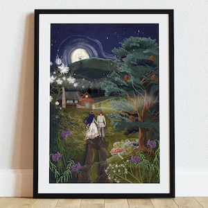Glückliche Straße | Paar zu Fuß in den Bergen Kunstdruck | Friedliche Landstraße Illustration | Slawische Volksliebe Poster