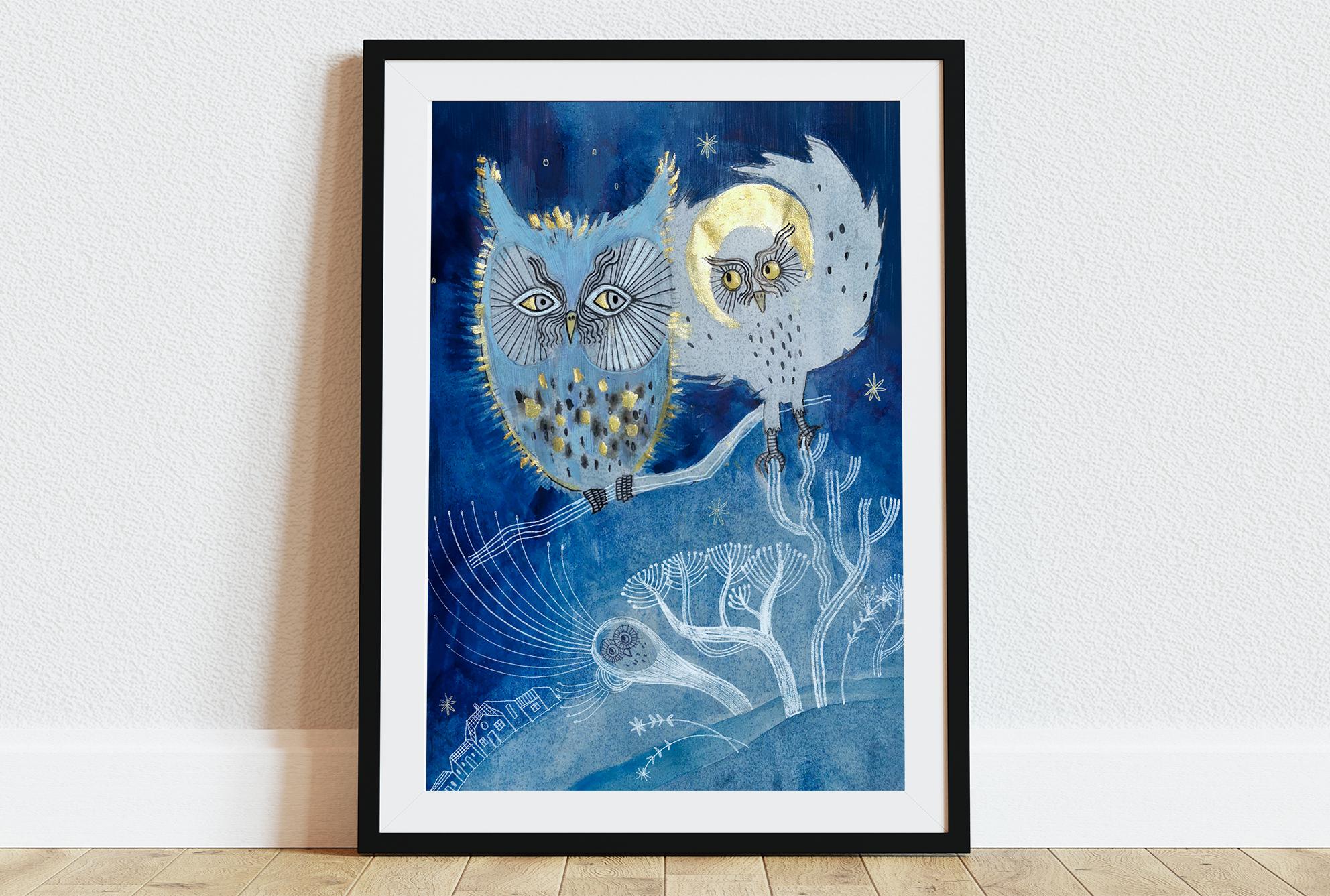 Midnight Hoots | Hand-Painted Owl Art Print | Woodland Nursery Decor | Forest Animal Wall Art | Kids