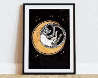 Katze auf Mond Kunstdruck: Mondsichel