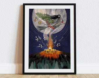 Slavic Bonfire Ritual Art Print | Midsummer Witchy Wall Art | Sobótka Summer Solstice Illustration