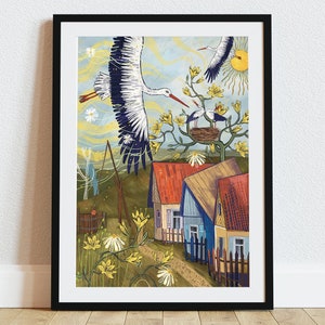 Lámina artística El regreso de las cigüeñas / Simbolismo de la primavera eslava / Ilustración de paisaje polaco de estilo cottagecore folk