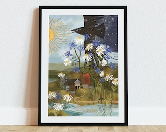 Dark Raven Witch Art Print | Slavic Forest Spirit Illustration | Mystic Bird Wall Decor