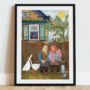 Lámina de arte popular "Charlas de pueblo" / Ilustración folclórica polaca del campo / Abuelas en un banco