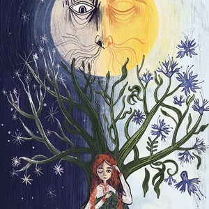 Puede incluir: Una ilustraci&oacute;n digital de una persona con largas trenzas rojas bajo un &aacute;rbol que cambia de ramas desnudas con estrellas blancas a la izquierda a ramas verdes con flores azules a la derecha, frente a un rostro de sol y luna.