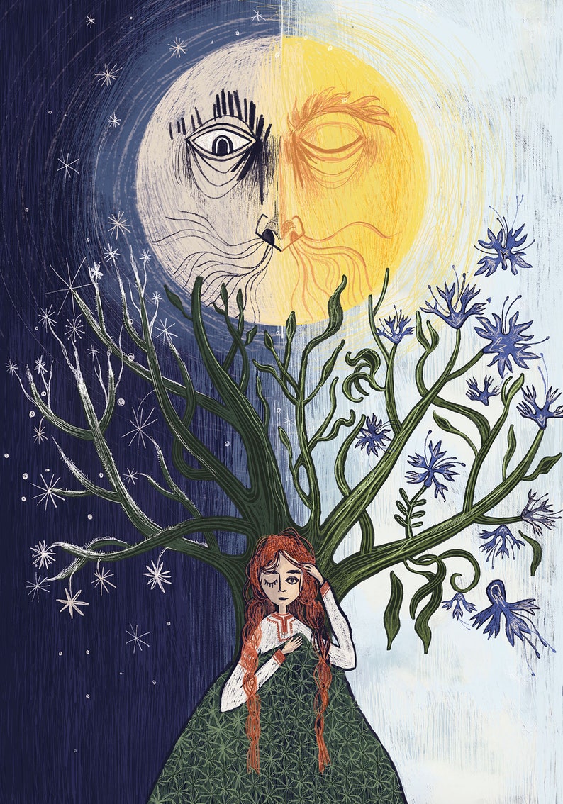 Puede incluir: Una ilustraci&oacute;n digital de una persona con largas trenzas rojas bajo un &aacute;rbol que cambia de ramas desnudas con estrellas blancas a la izquierda a ramas verdes con flores azules a la derecha, frente a un rostro de sol y luna.