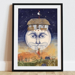 Lámina artística Cabaña de la Bruja Lunar / Casa Lunar de estilo Cottagecore / Ilustración folclórica caprichosa / Decoración de pared de fantasía