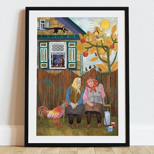 May include: Two women in colourful clothing sit on a bench outside a house with a green door and a window. A rooster with red, yellow and green feathers stands in the grass. The scene is painted in a whimsical style with a bright colour palette.