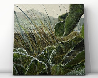 An atmospheric painting of a hill view in Shropshire revealed through foreground leaves and grass. Painted on a small, square wooden block.