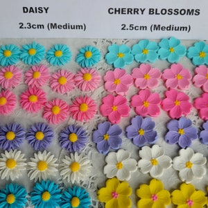 12PCS Beautiful edible Daisy or Cherry Blossoms flowers, icing, fondant, gum paste, sugar paste, for cake decorations, and cupcake toppers.
