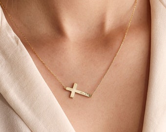 Collier croix latérale en argent sterling 925, cadeaux chrétiens, collier croix, collier croix verticale, cadeau de Noël