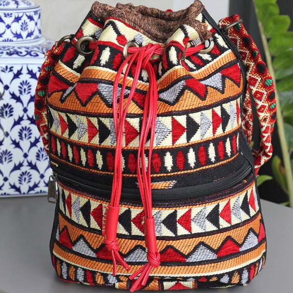 Black and red boho bucket bag with ethnic print, Ethnic vegan crossbody bag,  Bohemian shoulder drawstring bag, Tribal pattern boho bag
