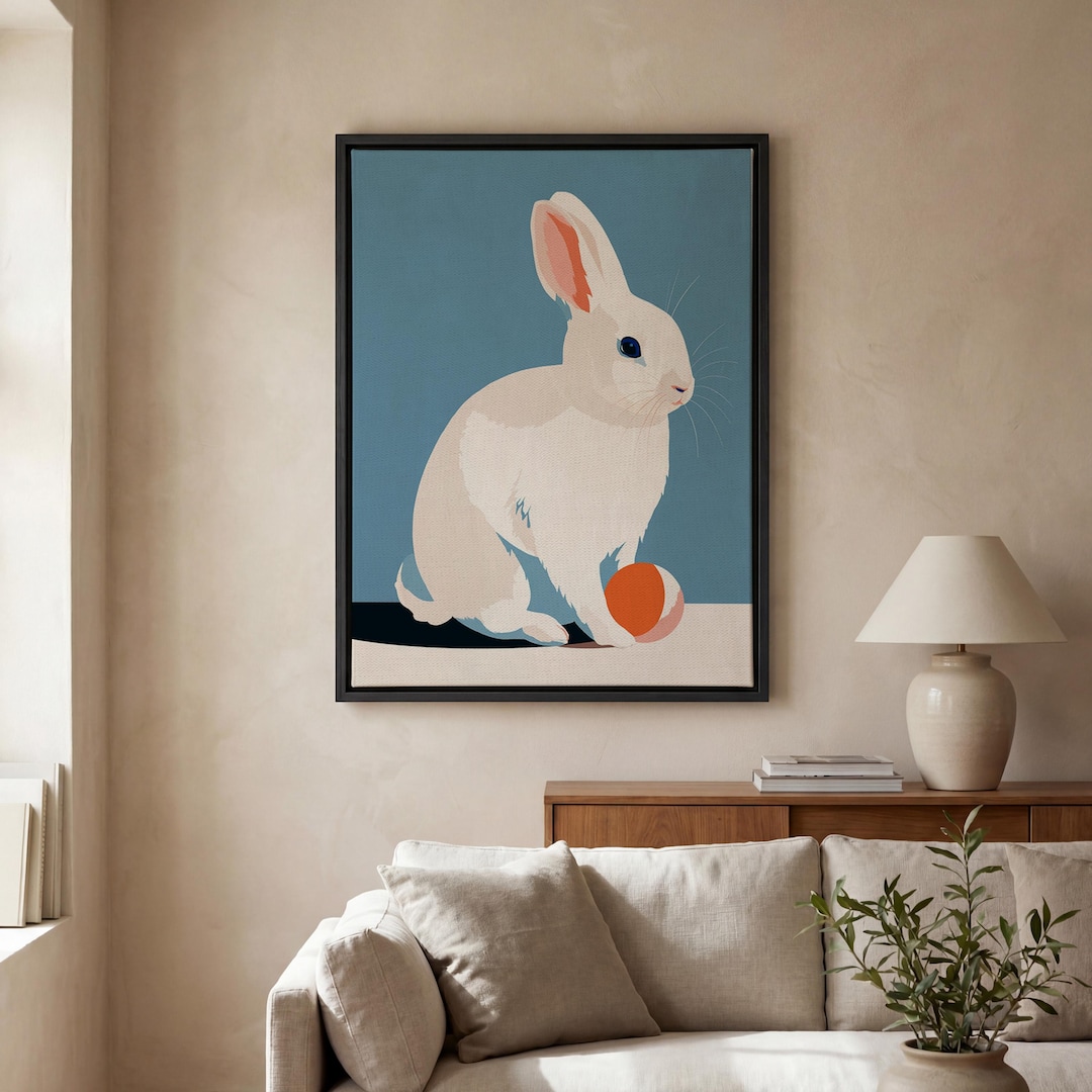 Minimalist Bunny Canvas Wall Art, Cute White Rabbit Illustration Print ...