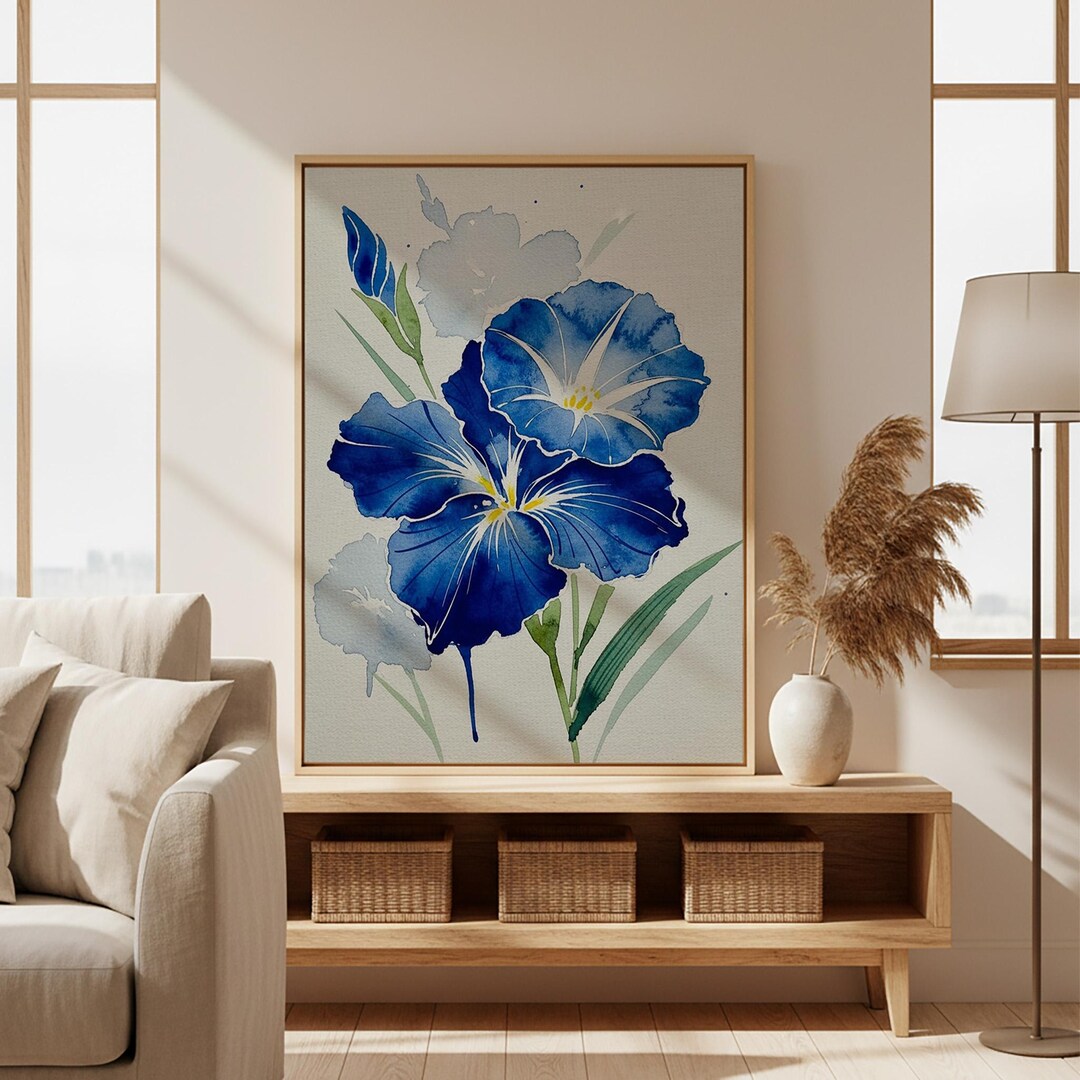 Blue Floral Canvas Wall Art, Elegant Watercolor Flower Illustration ...