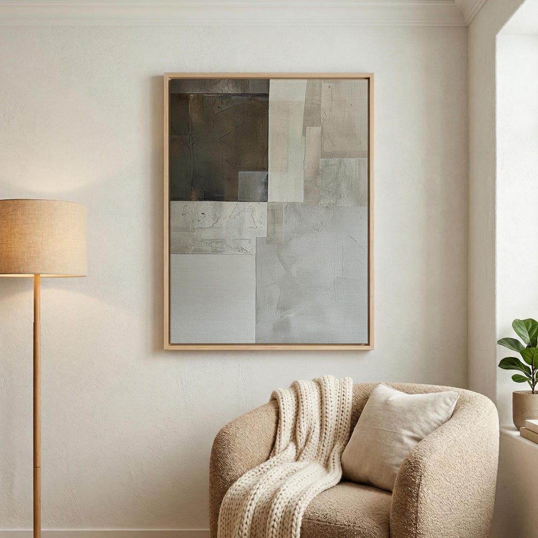 Neutral Abstract Canvas Wall Art, Minimalist Gray Beige Painting ...