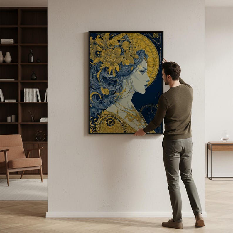 Art Nouveau Goddess Portrait Canvas Wall Art, Golden Floral Halo ...