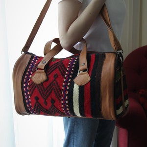 Hand woven colorful rug travel bag, Boho Weekend Bag, Colorful rug suitcase, Unique Boho Leather Bag, Carpet design bag, Vintage stylish bag