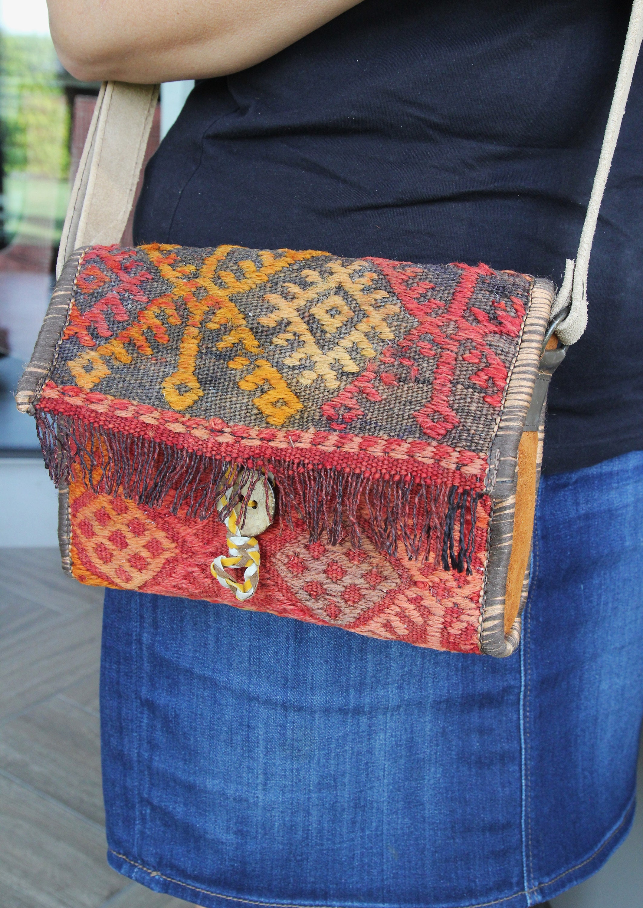 Turkish Traditional Carpet Handbag, Colorful Wool Shoulder Kilim Bag
