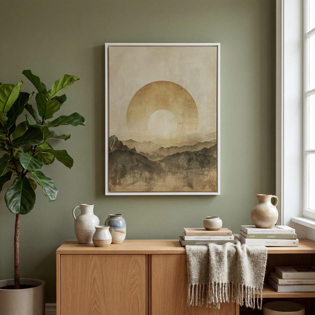 Minimal Mountain Sunrise Canvas Wall Art, Neutral Landscape With Golden ...