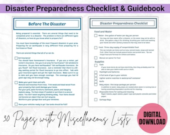 May include: A checklist and guidebook for disaster preparedness. The checklist includes sections for food and water, supplies, and insurance. The guidebook includes tips on preparing for a disaster, such as making sure your yard is clean and safe, and having your vehicles ready to go.