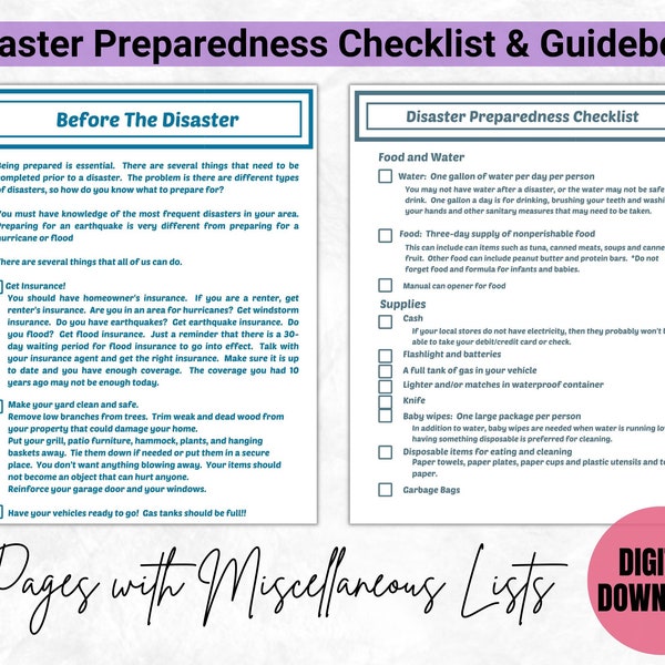 Disaster Preparedness Checklists & Guidebook, Emergency preparation for you, your pets, and your home. Blank checklists included.