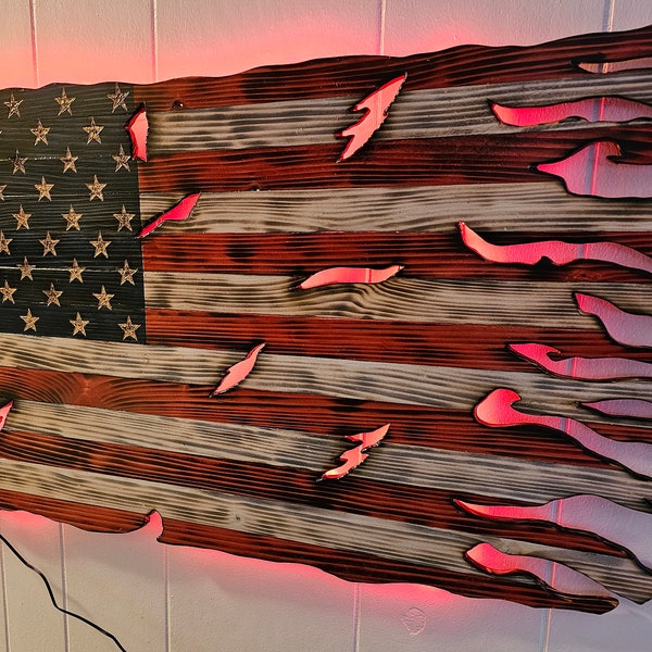 American Flag, Tattered Flagg, Flag With lights, Red White and Blue, Patriotic, Wood Flag, Hand Crafted, Weathered Flag, Color Changing