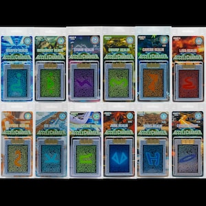 May include: A collection of collectible Accelchargers, each in a sealed package. The cards feature various realm names like "Storm Realm" and "Swamp Realm" with unique graphic designs in vibrant colors. The text "Accelcharger" is prominently displayed on each card.