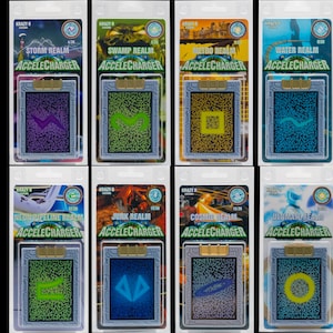 May include: Collection of eight collectible Accelchargers, each in a clear plastic package. Each card features a unique design and the name of a realm, such as "Storm Realm" and "Swamp Realm". The cards have a metallic border and a unique graphic.