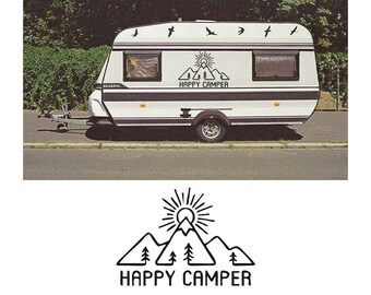 Happy Camper Aufkleber für Wohnmobil Van Travel Trailer Vinyl Aufkleber Berg Zelt Zitat Outdoor Abenteuer Natur Road Trip Fernweh Grafik