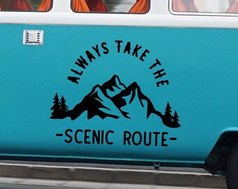 Scenic Route Camper Van Decal Mountain Travel Vinyl Aufkleber für RV Abenteuer Zitat Vanlife Fenster Dekor Wanderlust Road Trip Wohnmobil