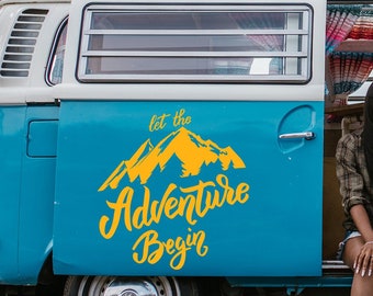 Lassen Sie das Abenteuer beginnen Camper Aufkleber für RV Van Travel Trailer Vinyl Aufkleber Berg Zitat Outdoor Road Trip Explore Journey