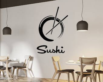 Modern Sushi Restaurant Vinyl Wall Decal Chopsticks Circle Logo Sticker for Kitchen Dining Café Japanese Food Art Decor Wall Art Decal