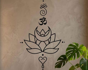 Yoga Wall Sticker, Lotus Om Moon Spiritual Decal, Meditation Room Decor, Zen Boho Yoga Studio Wall Art Vinyl Sticker, Home Decor Gift