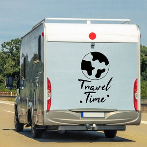 Adesivo da parete per camper, motivo: Travel Time, per avventure in camper, in vinile, con mappa del mondo, stile retrò, per viaggi su strada, stile Wanderlust, per esterni.